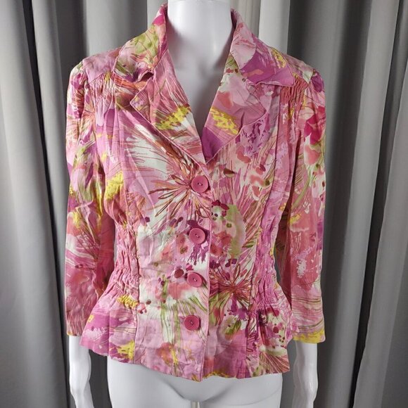 Sunny Leigh Women's Pink, White, Smocked Long Sleeve Cotton Blend Blazer Size 10 - Picture 2 of 12